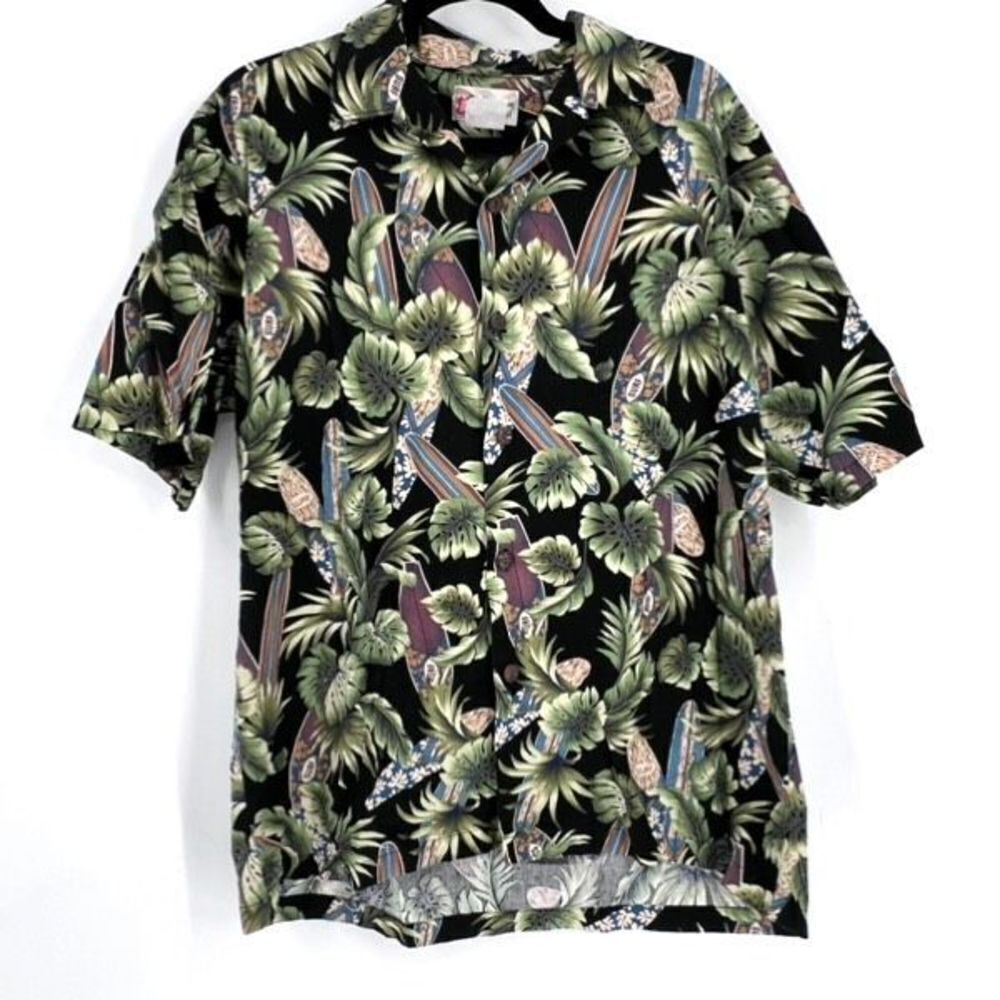 Hilo Hattie Mens Tropical Leaves Hawaiian Button-Up Shirt Black Green Size Large